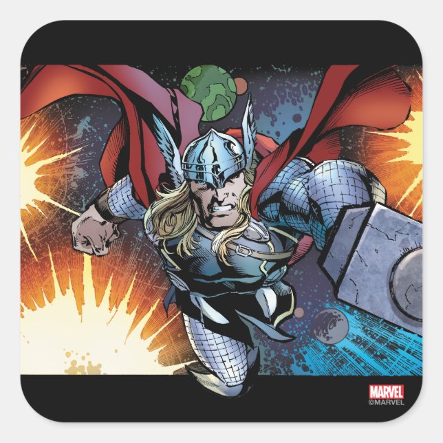Thor Flying Through Space Comic Panel Square Sticker (Front)