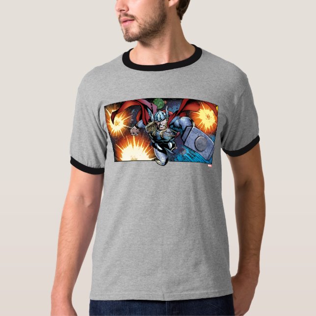 Thor Flying Through Space Comic Panel T-Shirt (Front)