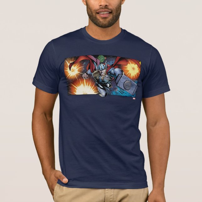 Thor Flying Through Space Comic Panel T-Shirt (Front)