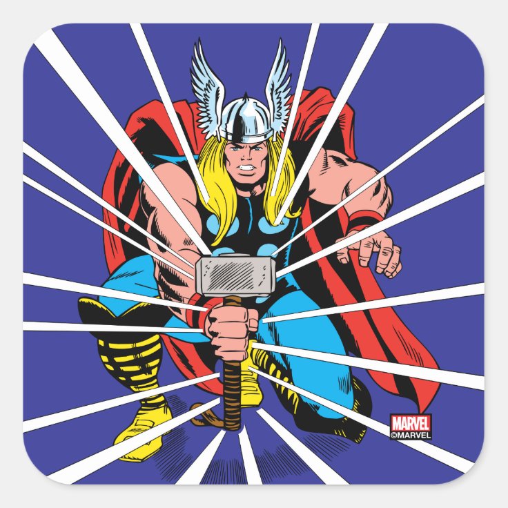 Thor Kneeling With Mjolnir Graphic Square Sticker | Zazzle