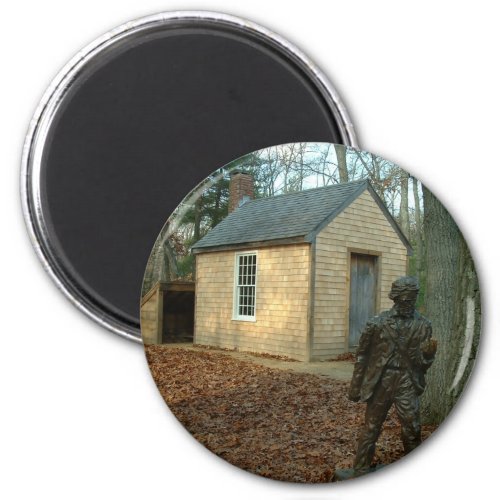 Thoreaus statue and cabin magnet