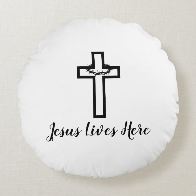 Thorn Cross Jesus Lives Here Throw Round Pillow (Front)