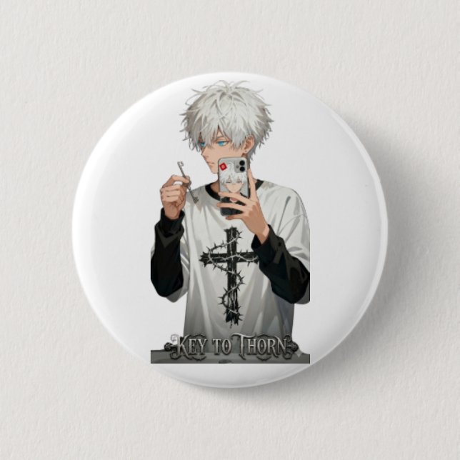 Thorned Crown Anime Boy with Key - Edgy Blue Eyes  Button (Front)