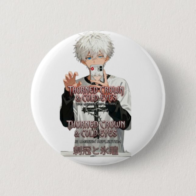 Thorned-Crown-&-Cold-Eyes Anime Boy - Edgy Blue  Button (Front)
