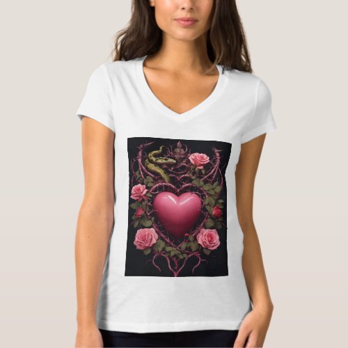Thorned Passion Dark Pink Heart with Roses and S T_Shirt