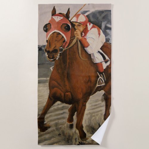 Thoroughbred Horse Is Winning Race Beach Towel