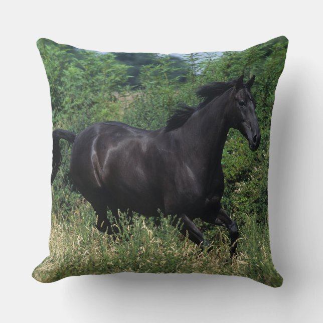 Thoroughbred Horse Running in Grass Throw Pillow (Front)