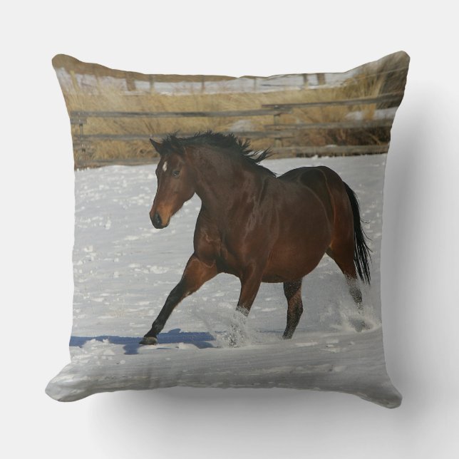 Thoroughbred Horse Running in the Snow Throw Pillow (Front)