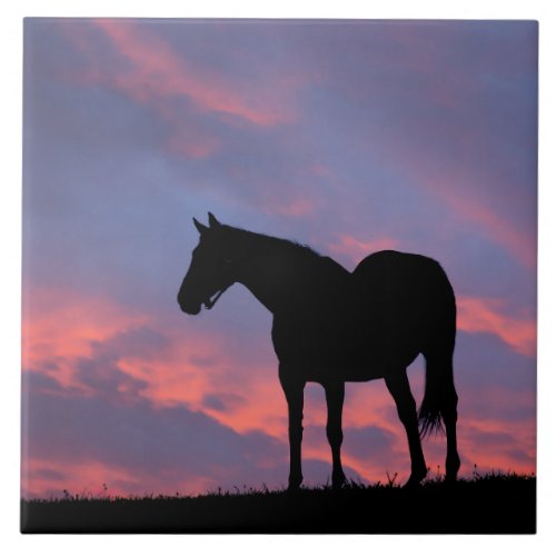 Thoroughbred Horse Silhouetted at Sunrise Ceramic Tile