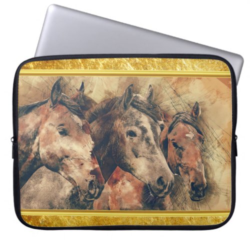 Thoroughbred horses running in a field laptop sleeve