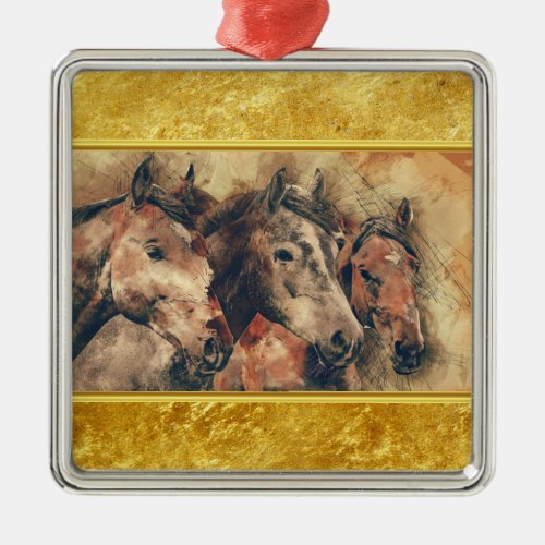 Thoroughbred horses running in a field metal ornament