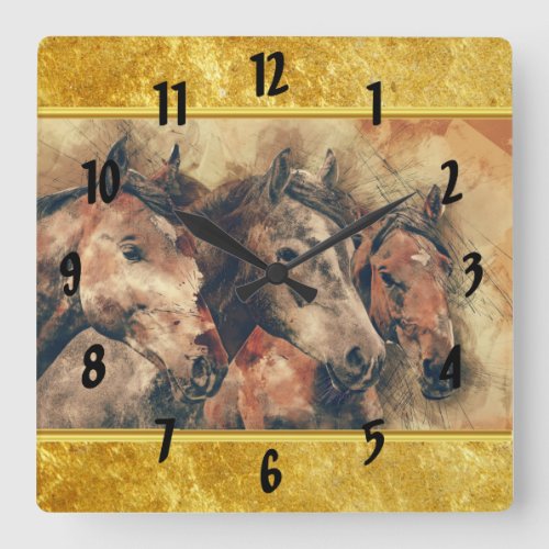 Thoroughbred horses running in a field square wall clock