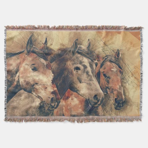 Thoroughbred horses running in a field throw blanket