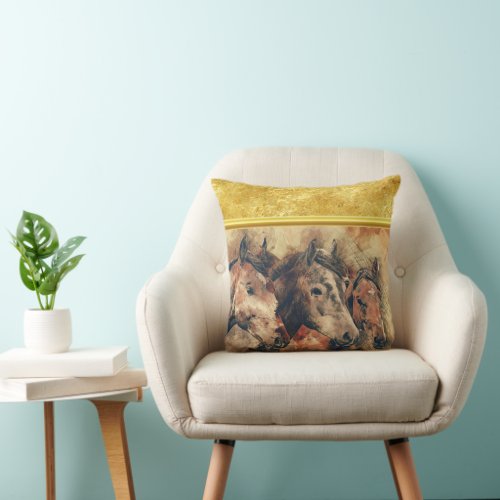 Thoroughbred horses running in a field throw pillow