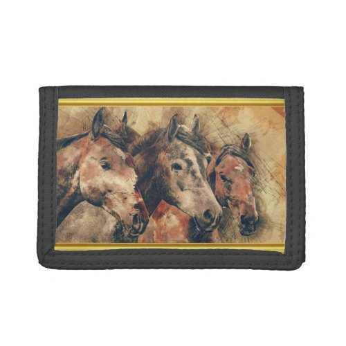 Thoroughbred horses running in a field tri_fold wallet
