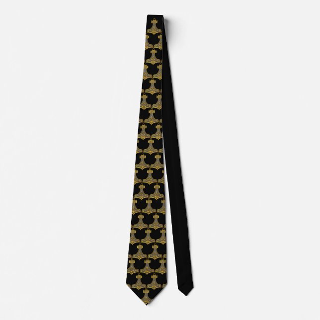 Thor's Hammer Gold Black Background Neck Tie (Front)
