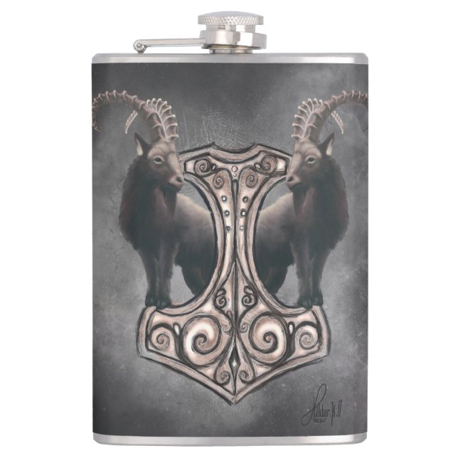 Thor's Might: Mjölnir and the Thunderous Companion Flask (Front)