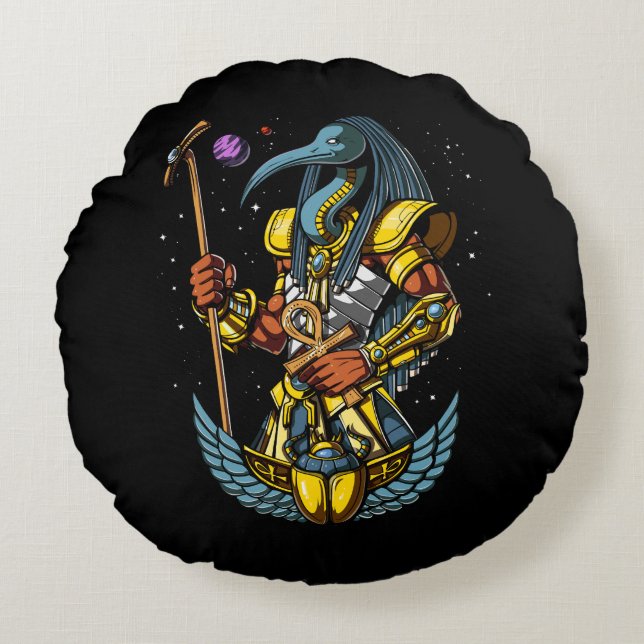 Thoth Egyptian God Ankh Scarab Ancient Symbol Round Pillow (Front)