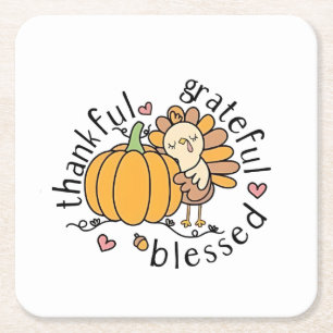 Thoughtful Grateful Blessed Thanksgiving Funny Square Paper Coaster