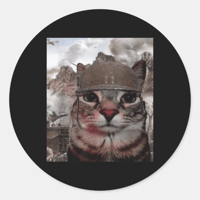 Thousand Yard Stare Funny Soldier Cat Meme In Batt Classic Round Sticker (Front)