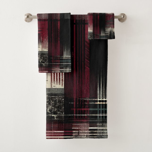 Thrashed Grungy Alternative Grunge Plaid Pattern Bath Towel Set (Insitu)