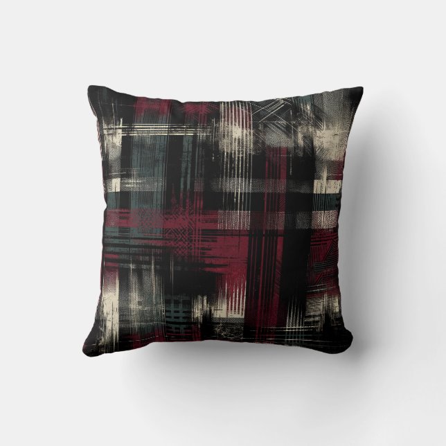 Thrashed Grungy Alternative Grunge Plaid Pattern Throw Pillow (Back)