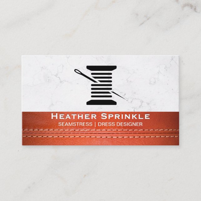 Thread and Needle | | Marble | Leather Stitched Business Card (Front)