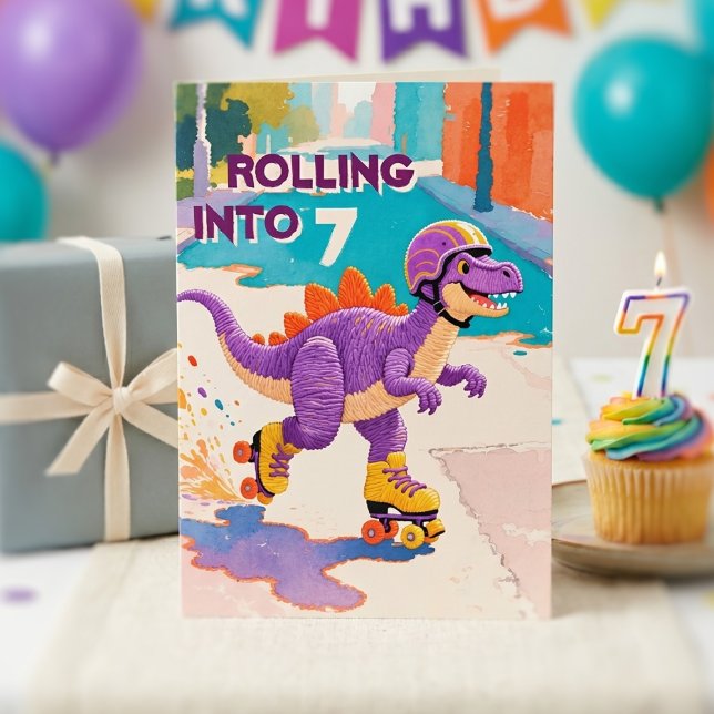 Thread-Painted Art | Dinosaur Custom Age Birthday Card (Lifestyle Shot)