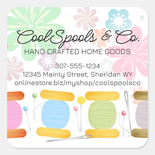 thread spools sewing seamstress quilting packaging square sticker (Front)