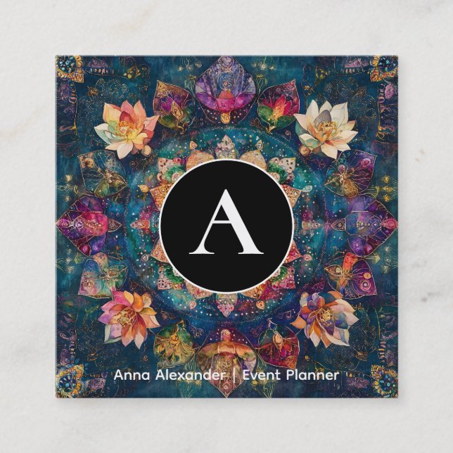 Threads of Light | Floral Mandala Design Square Business Card (Front)