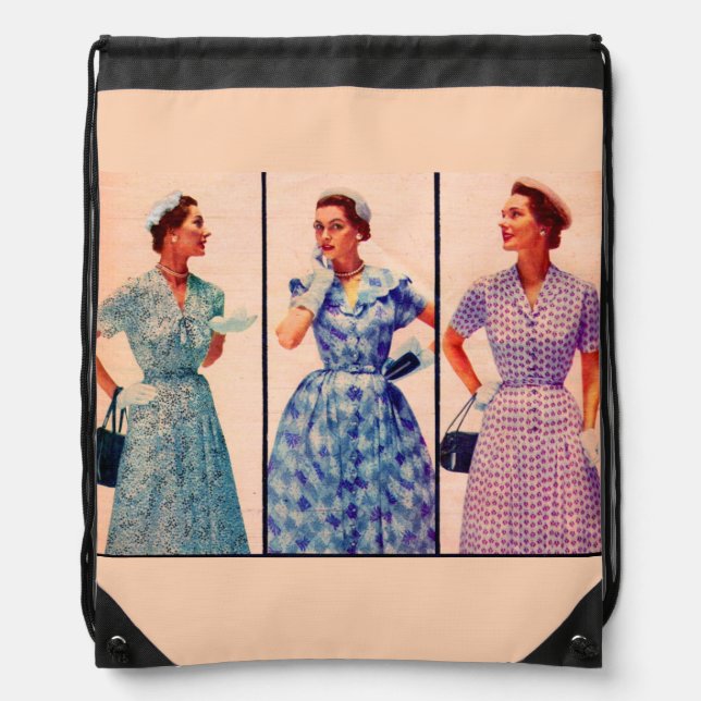 three 1953 dresses - vintage clothing drawstring bag (Front)