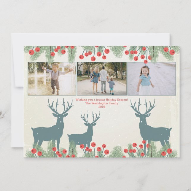 Three 3 photo holly berry and deer Christmas card (Front)