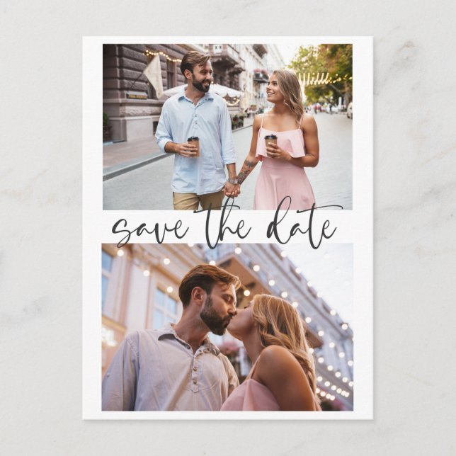 Three 3 Photo Minimalist Script Save The Date Postcard (Front)