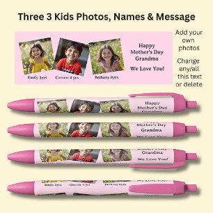 Three 3 Photos with Names & Message Pink on Black Pen