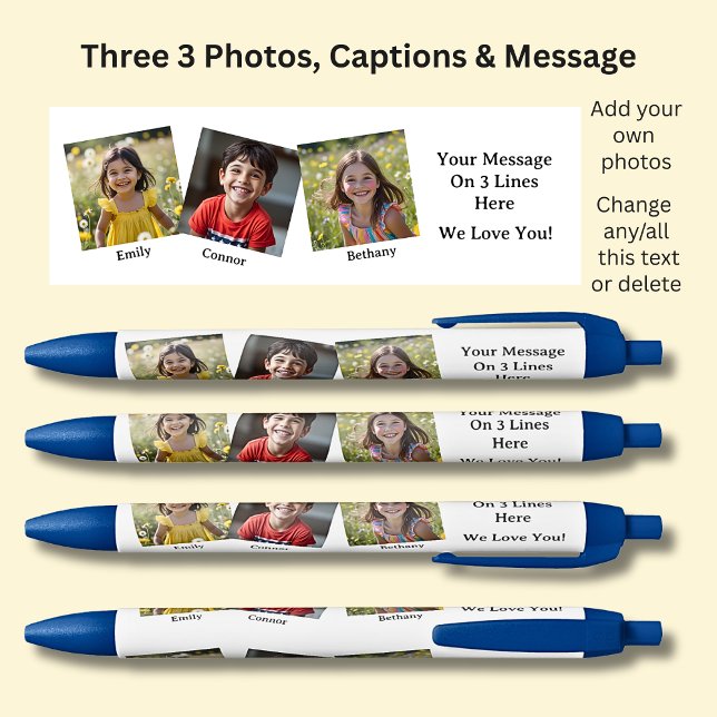 Three 3 Photos with Names & Message White on Blue Pen (Creator Uploaded)