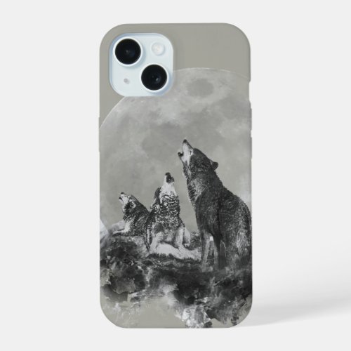 Three 3 Wolves Howling at the Moon Animal Art iPhone 15 Case