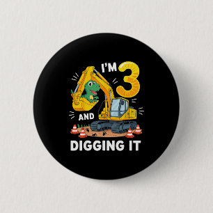 Three 3yr 3rd Birthday Construction Dinosaur Boy 3 Button