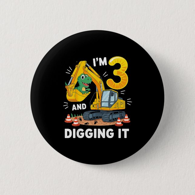 Three 3yr 3rd Birthday Construction Dinosaur Boy 3 Button (Front)
