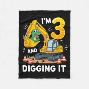 Three 3yr 3rd Birthday Construction Dinosaur Boy 3 Fleece Blanket