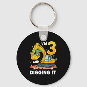 Three 3yr 3rd Birthday Construction Dinosaur Boy 3 Keychain