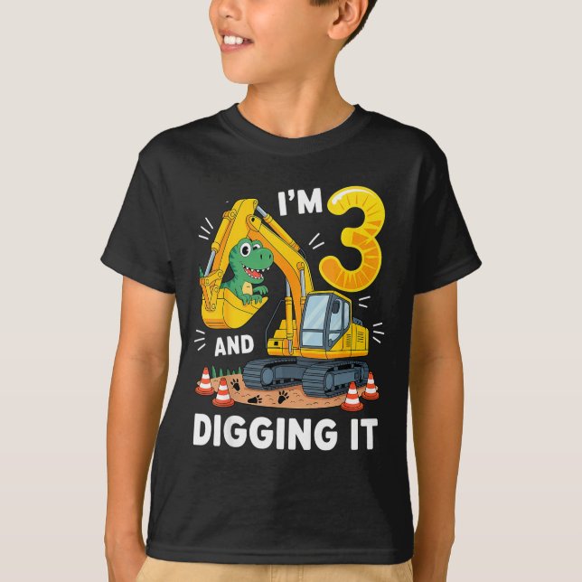 Three 3yr 3rd Birthday Construction Dinosaur Boy 3 T-Shirt (Front)