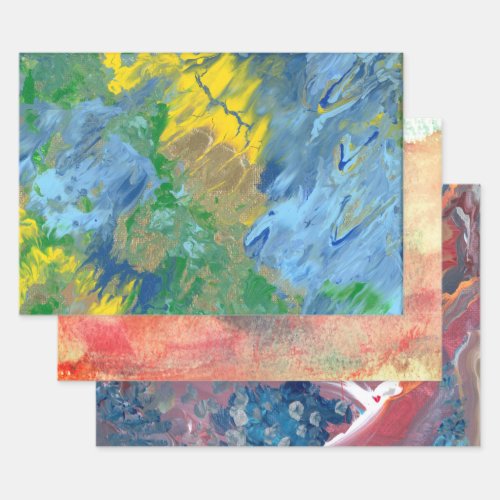 Three abstract acrylic paintings wrapping paper sheets