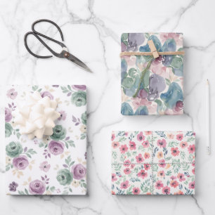Three Abstract Watercolor Teal Mauve Beige Pattern Wrapping Paper Sheets