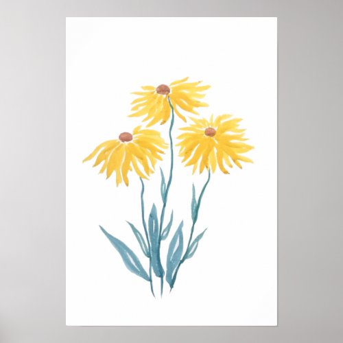 three abstract yellow flowers watercolor painting poster