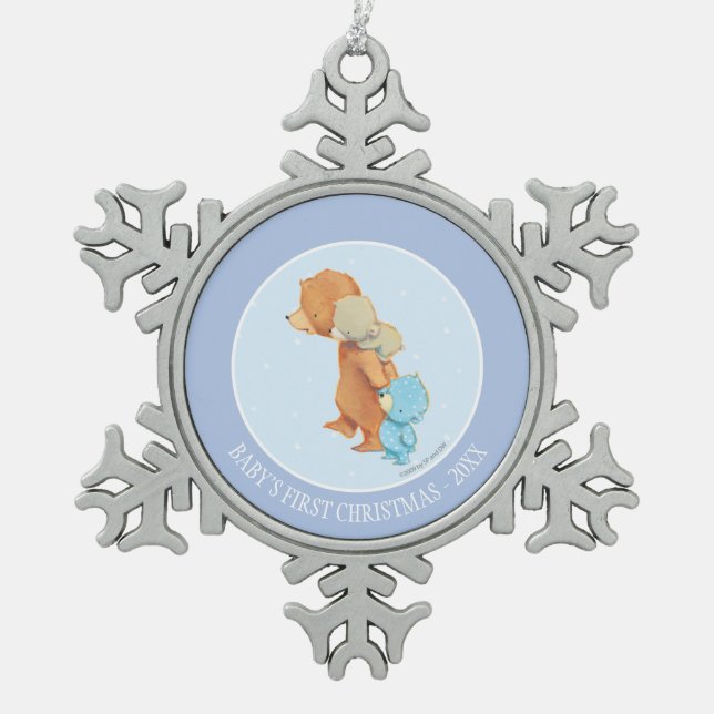 Three Adorable Bear Friends Snowflake Pewter Christmas Ornament (Front)