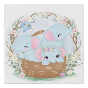 THREE ADORABLE BLUE BABY ELEPHANTS FAUX CANVAS PRINT