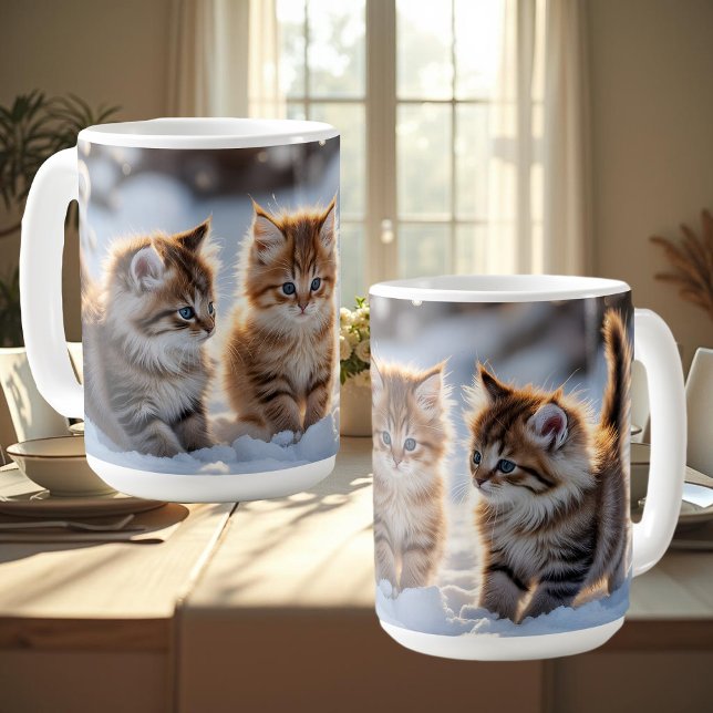 Three adorable kittens playing in the snow, cute coffee mug (Creator Uploaded)