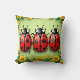 Three Adorable Ladybugs Surrounded by Flowers Throw Pillow