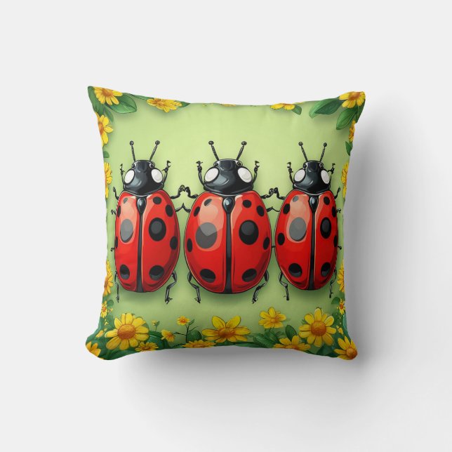 Three Adorable Ladybugs Surrounded by Flowers Throw Pillow (Front)