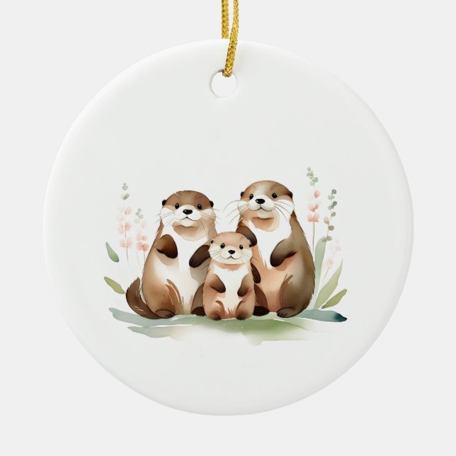 Three Adorable Otters and Your Own Photo Ceramic Ornament (Front)